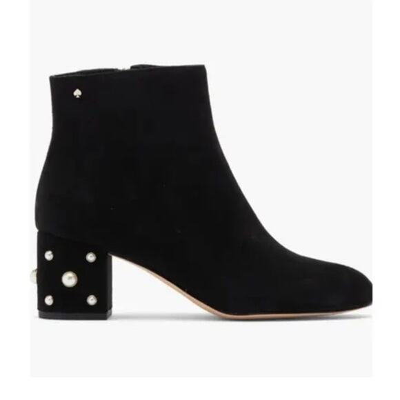 Kate Spade Taraji Faux Pearl Suede Block Heel Booties Black 9 Women Ankle Boots - Picture 2 of 12